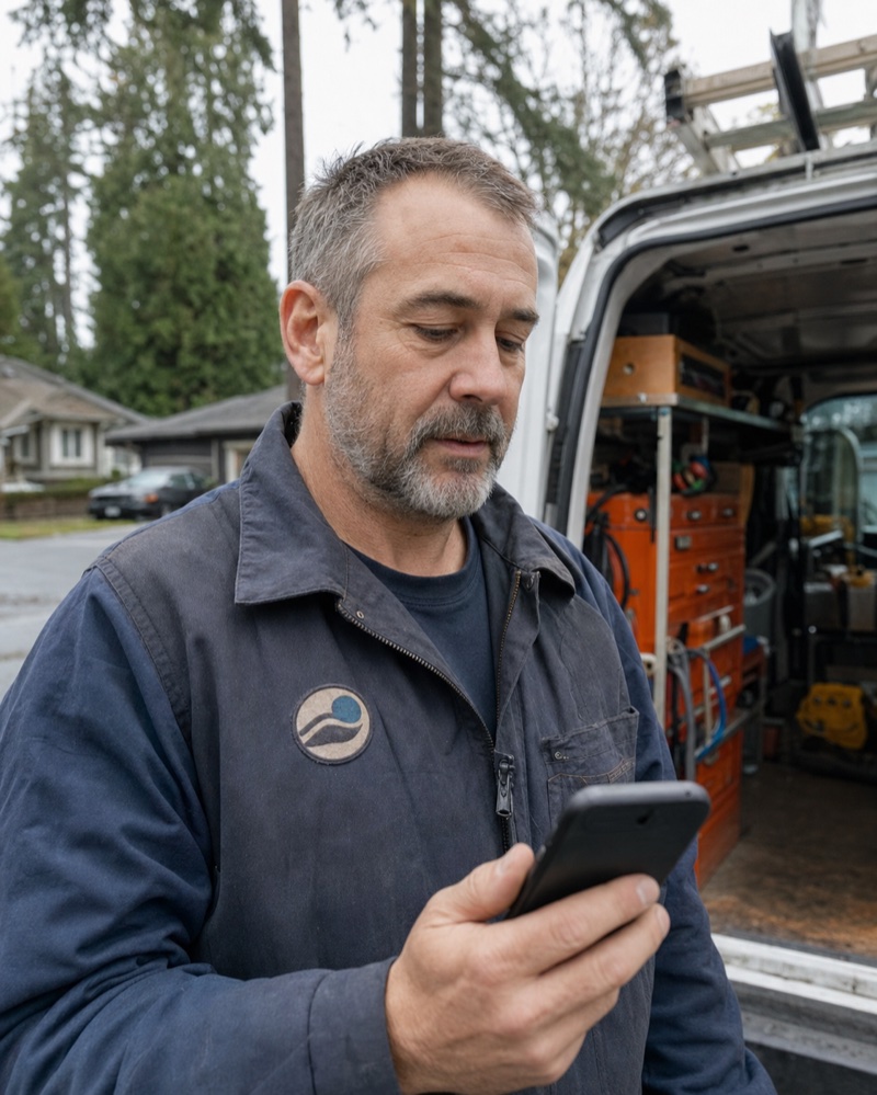 A 50-something tradesman in a navy work jacket, holding a phone beside his work van on a residential street.