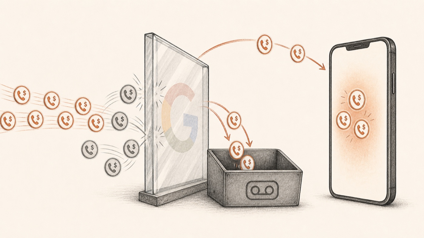 Diagram: phone calls flowing to a smartphone. Some hit the phone, some fall into a voicemail box, and some never arrive because they're blocked by a Google glass wall.